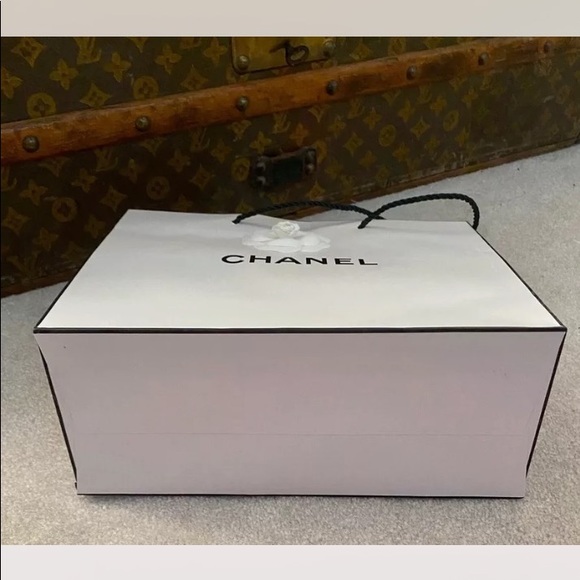 MEDIUM SIZE CHANEL PARIS PAPER CARRIER SHOPPING BAG WHITE CAMELLIA 3D FLOWER EUC - Picture 5 of 5